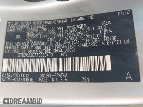 2007 Toyota Sienna CE with VIN 5TDZK23C77S058410, listed as a IAAI auction lot 42110787 with 181,735 mi miles. Bid and sale history available at carsss.com. Image 9.