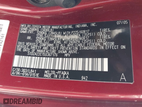 2005 Toyota Sienna XLE with VIN 5TDZA22C15S367176, listed as a IAAI auction lot 42192575 with 275,398 mi miles and . Bid and sale history available at DreamBid. Image 9.