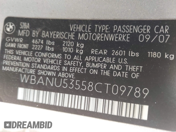 2008 BMW 5 Series 528i with VIN WBANU53558CT09789, listed as a IAAI auction lot 42073248 with 125,416 mi miles and . Bid and sale history available at carsss.com. Image 9.