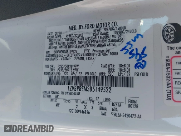 2011 Ford Mustang V6 with VIN 1ZVBP8EM3B5149522, listed as a IAAI auction lot 42657618 with 44,594 mi miles and . Bid and sale history available at DreamBid. Image 9.