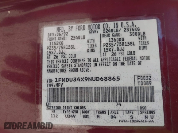 1992 Ford Explorer Eddie Bauer with VIN 1FMDU34X9NUD68865, listed as a IAAI auction lot 42634529 with 33,505 mi miles and . Bid and sale history available at DreamBid. Image 9.