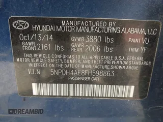 2015 Hyundai Elantra SE с VIN 5NPDH4AE8FH598863, выставлен на аукционе IAAI как лот 42400515 с пробегом 162 820 миль миль и . История ставок и продаж доступна на DreamBid. Изображение 9.