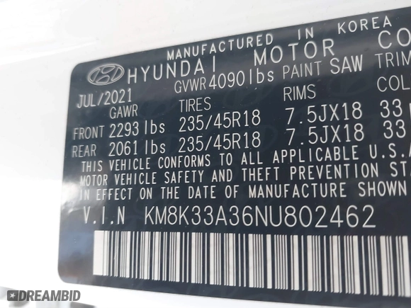 2022 Hyundai Kona N Line with VIN KM8K33A36NU802462, listed as a IAAI auction lot 41566552 with 35,522 mi miles. Bid and sale history available at carsss.com. Image 9.