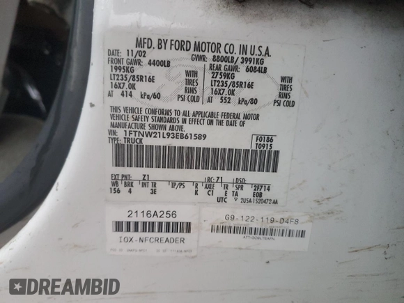 2003 Ford F-250 XL с VIN 1FTNW21L93EB61589, выставлен на аукционе Copart как лот 45432855 с пробегом Не указан миль и Чистый • Clean title. История ставок и продаж доступна на DreamBid. Изображение 12.