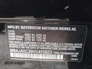2017 BMW 5 Series 530i with VIN WBAJA5C39HG455823, listed as a IAAI auction lot 42840957 with 53,809 mi miles and . Bid and sale history available at DreamBid. Image 9.