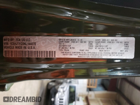 2022 Jeep Gladiator Overland z VIN 1C6HJTFG0NL144070, wystawiony jako Copart lot #70472744 z przebiegiem 40 397 mil mil oraz Szkoda całkowita • Salvage title. Historia ofert i sprzedaży dostępna na DreamBid. Obrazek 14.