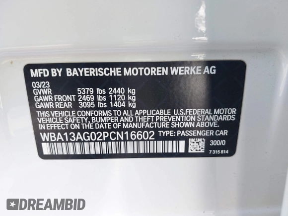 2023 BMW 5 Series 530e with VIN WBA13AG02PCN16602, listed as a IAAI auction lot 42394701 with Not provided miles and . Bid and sale history available at DreamBid. Image 9.