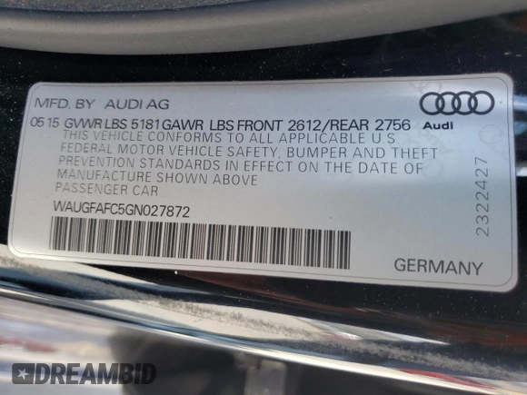 2016 Audi A6 2.0T Premium Plus with VIN WAUGFAFC5GN027872, listed as a Copart auction lot 40418043 with 83,573 mi miles. Bid and sale history available at carsss.com. Image 10.