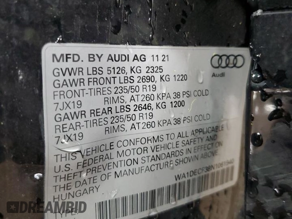 2022 Audi Q3 S line Premium z VIN WA1DECF38N1061940, wystawiony jako Copart lot #52347065 z przebiegiem 34 900 mil mil oraz Szkoda całkowita • Salvage title. Historia ofert i sprzedaży dostępna na DreamBid. Obrazek 12.