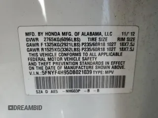 2013 Honda Pilot Touring with VIN 5FNYF4H95DB021039, listed as a Copart auction lot 54518135 with 95,244 mi miles and Salvage title. Bid and sale history available at DreamBid. Image 13.