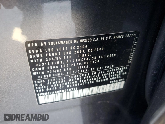 2023 Volkswagen Tiguan SE with VIN 3VVMB7AX9PM018778, listed as a Copart auction lot 50565555 with 9,758 mi miles and Salvage Title. Bid and sale history available at DreamBid. Image 13.