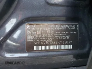 2008 BMW 3 Series 335i with VIN WBAVB73538KY65039, listed as a Copart auction lot 44325925 with 168,494 mi miles and Salvage title. Bid and sale history available at DreamBid. Image 13.