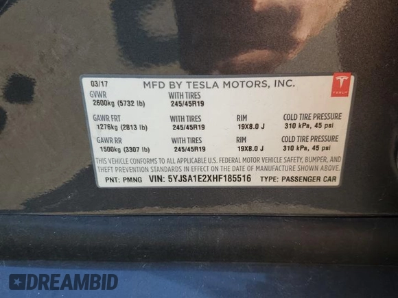 2017 Tesla Model S 100D с VIN 5YJSA1E2XHF185516, выставлен на аукционе Copart как лот 61816135 с пробегом 132 267 миль миль и Списание • Salvage title. История ставок и продаж доступна на DreamBid. Изображение 12.