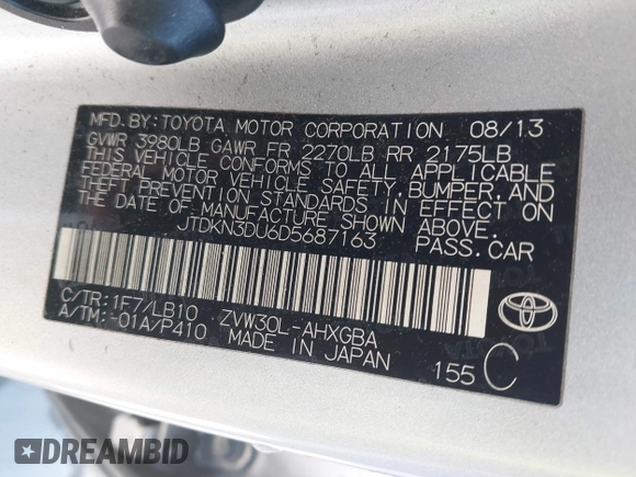 2013 Toyota Prius One with VIN JTDKN3DU6D5687163, listed as a IAAI auction lot 42034445 with 354,736 mi miles. Bid and sale history available at carsss.com. Image 9.