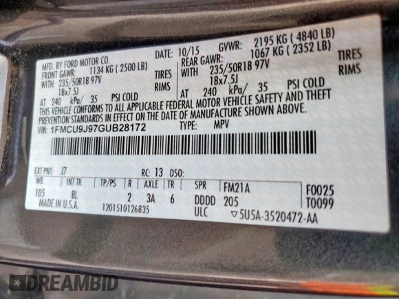 2016 Ford Escape Titanium с VIN 1FMCU9J97GUB28172, выставлен на аукционе Copart как лот 59658095 с пробегом Не указан миль и Списание • Salvage title. История ставок и продаж доступна на DreamBid. Изображение 14.