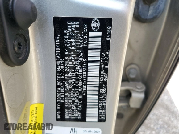 2016 Toyota Avalon Limited with VIN 4T1BK1EBXGU236415, listed as a Copart auction lot 53299535 with 159,194 mi miles and Salvage Title. Bid and sale history available at DreamBid. Image 12.