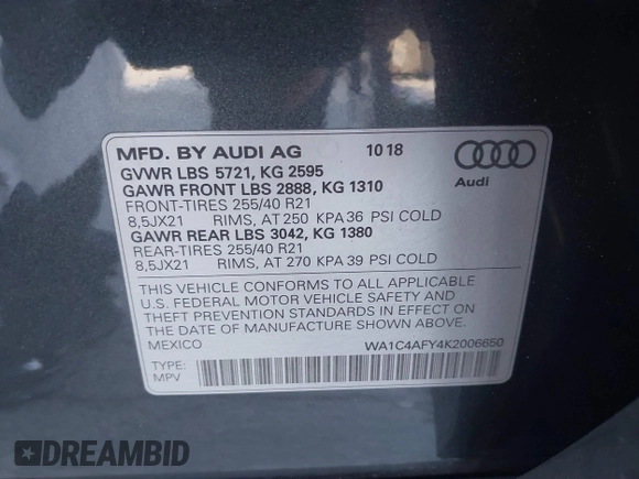 2019 Audi SQ5 Prestige with VIN WA1C4AFY4K2006650, listed as a IAAI auction lot 41668367 with 11,642 mi miles. Bid and sale history available at carsss.com. Image 9.