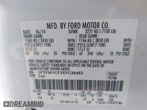 2014 Ford F-150 XL z VIN 1FTFW1CFXEFC26453, wystawiony jako IAAI lot #41490458 z przebiegiem 79 853 mil mil oraz . Historia ofert i sprzedaży dostępna na DreamBid. Obrazek 9.