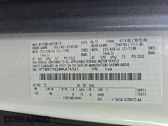 2021 Ford Transit Cargo with VIN 1FTBR1Y82MKA76523, listed as a IAAI auction lot 42679221 with 39,449 mi miles and . Bid and sale history available at DreamBid. Image 17.