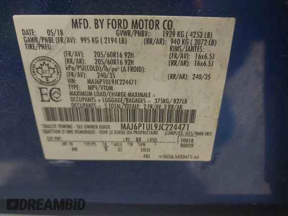 2018 Ford EcoSport SE with VIN MAJ6P1UL9JC224471, listed as a IAAI auction lot 41986117 with 55,914 mi miles. Bid and sale history available at carsss.com. Image 9.
