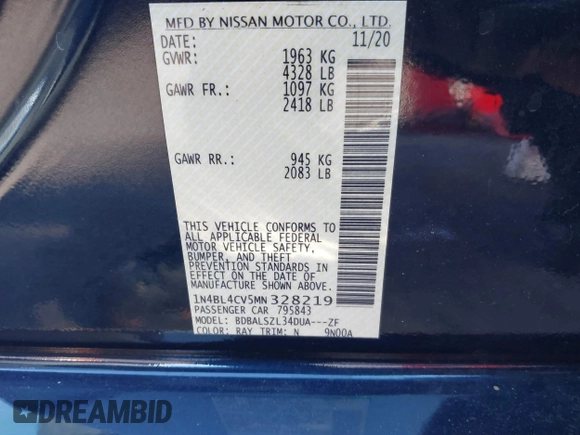 2021 Nissan Altima 2.5 SR with VIN 1N4BL4CV5MN328219, listed as a IAAI auction lot 41287515 with 39,883 mi miles. Bid and sale history available at carsss.com. Image 9.
