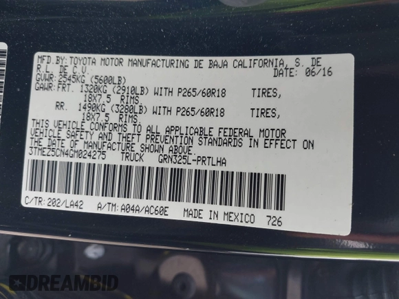 2016 Toyota Tacoma Limited with VIN 3TMEZ5CN4GM024275, listed as a IAAI auction lot 42093920 with 79,208 mi miles and . Bid and sale history available at DreamBid. Image 9.