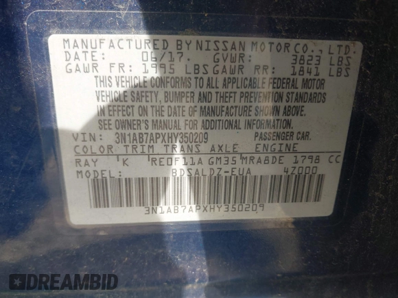 2017 Nissan Sentra S with VIN 3N1AB7APXHY350209, listed as a IAAI auction lot 42770571 with 121,613 mi miles and . Bid and sale history available at DreamBid. Image 9.
