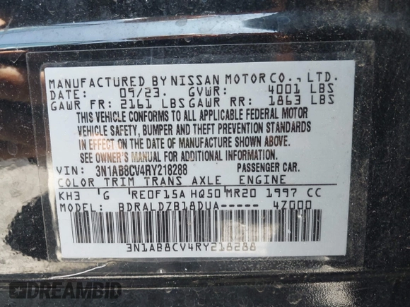 2024 Nissan Sentra SV with VIN 3N1AB8CV4RY218288, listed as a IAAI auction lot 42503963 with 49,572 mi miles and . Bid and sale history available at DreamBid. Image 9.