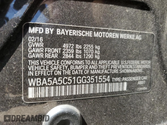 2016 BMW 5 Series 528i with VIN WBA5A5C51GG351554, listed as a Copart auction lot 61210265 with 73,968 mi miles and Salvage title. Bid and sale history available at DreamBid. Image 12.