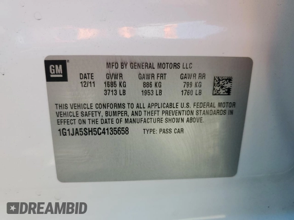 2012 Chevrolet Sonic LS z VIN 1G1JA5SH5C4135658, wystawiony jako Copart lot #58280565 z przebiegiem 140 279 mil mil oraz Czysty tytuł • Clean title. Historia ofert i sprzedaży dostępna na DreamBid. Obrazek 12.
