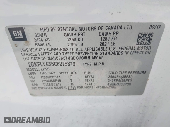2012 GMC Terrain SLT-1 with VIN 2GKFLVE56C6275813, listed as a IAAI auction lot 42285818 with 110,300 mi miles and . Bid and sale history available at DreamBid. Image 9.