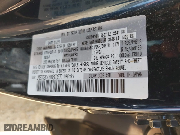 2022 Mazda CX-9 Touring z VIN JM3TCBCY7N0600370, wystawiony jako IAAI lot #42658049 z przebiegiem 113 000 mil mil oraz . Historia ofert i sprzedaży dostępna na DreamBid. Obrazek 9.