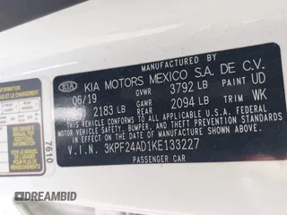 2019 Kia Forte LXS z VIN 3KPF24AD1KE133227, wystawiony jako IAAI lot #42494488 z przebiegiem 67 770 mil mil oraz . Historia ofert i sprzedaży dostępna na DreamBid. Obrazek 9.