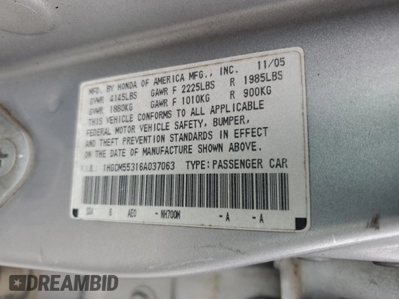 2006 Honda Accord LX SE with VIN 1HGCM55316A037063, listed as a Copart auction lot 87570155 with 310,613 mi miles and Non repairable. Bid and sale history available at DreamBid. Image 13.