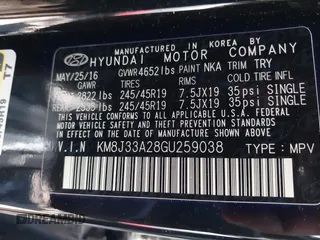 2016 Hyundai Tucson Limited with VIN KM8J33A28GU259038, listed as a IAAI auction lot 42200578 with 109,109 mi miles. Bid and sale history available at carsss.com. Image 9.