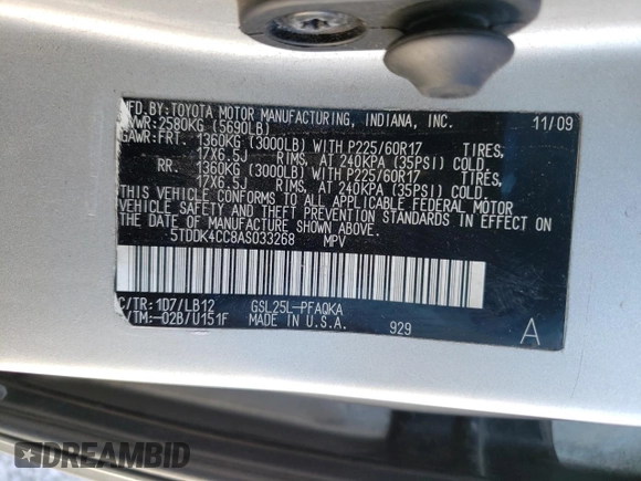 2010 Toyota Sienna XLE z VIN 5TDDK4CC8AS033268, wystawiony jako Copart lot #48503455 z przebiegiem 134 959 mil mil oraz Szkoda całkowita • Salvage title. Historia ofert i sprzedaży dostępna na DreamBid. Obrazek 15.
