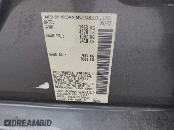 2022 Nissan Altima SR z VIN 1N4BL4CV0NN386112, wystawiony jako IAAI lot #42161567 z przebiegiem 56 402 mil mil oraz . Historia ofert i sprzedaży dostępna na DreamBid. Obrazek 9.