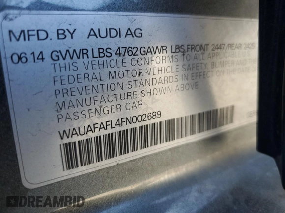 2015 Audi A4 Premium с VIN WAUAFAFL4FN002689, выставлен на аукционе Copart как лот 55264125 с пробегом 70 939 миль миль и Списание • Salvage title. История ставок и продаж доступна на DreamBid. Изображение 13.