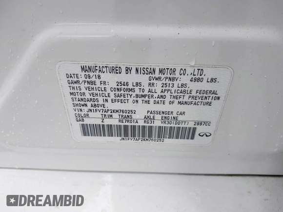 2019 Infiniti Q50 RED SPORT 400 with VIN JN1FV7AP2KM760252, listed as a IAAI auction lot 41729947 with 65,838 mi miles. Bid and sale history available at carsss.com. Image 9.