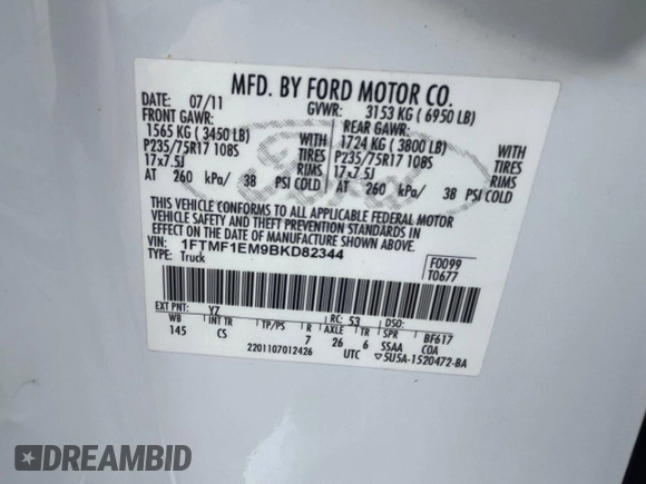 2011 Ford F-150 XL with VIN 1FTMF1EM9BKD82344, listed as a Copart auction lot 85153504 with 96,262 mi miles and Clean title. Bid and sale history available at DreamBid. Image 10.