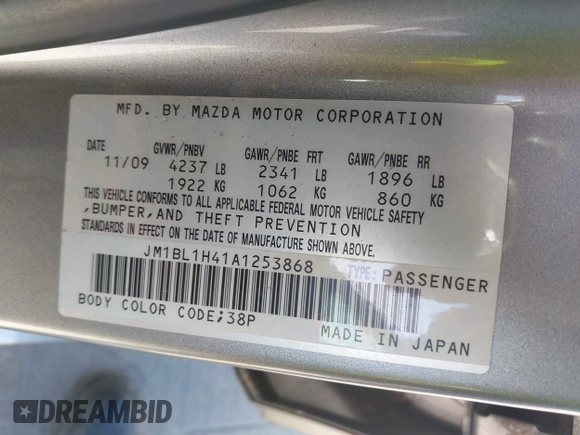 2010 Mazda 3 with VIN JM1BL1H41A1253868, listed as a IAAI auction lot 41993182 with 124,120 mi miles. Bid and sale history available at carsss.com. Image 9.
