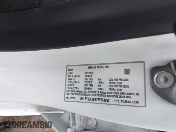 2024 Tesla Model 3 Long Range with VIN 5YJ3E1EB7RF854092, listed as a IAAI auction lot 41697646 with 7,371 mi miles and . Bid and sale history available at DreamBid. Image 9.