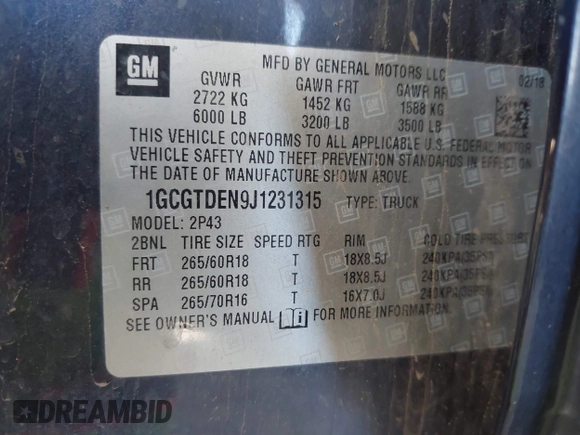 2018 Chevrolet Colorado 4WD Z71 z VIN 1GCGTDEN9J1231315, wystawiony jako IAAI lot #42440943 z przebiegiem 171 061 mil mil oraz . Historia ofert i sprzedaży dostępna na DreamBid. Obrazek 9.