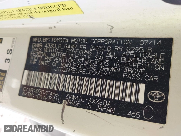 2014 Toyota Prius Two with VIN JTDZN3EU9EJ009691, listed as a IAAI auction lot 41829077 with 226,965 mi miles and . Bid and sale history available at DreamBid. Image 9.