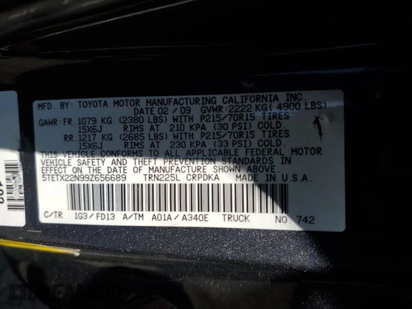 2009 Toyota Tacoma with VIN 5TETX22N99Z656689, listed as a Copart auction lot 56364765 with 106,978 mi miles and Clean Title. Bid and sale history available at DreamBid. Image 12.