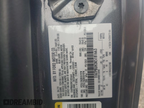 2019 Ford Mustang EcoBoost с VIN 1FATP8UH3K5181663, выставлен на аукционе Copart как лот 58815635 с пробегом 81 274 миль миль и На запчасти • Non repairable. История ставок и продаж доступна на DreamBid. Изображение 13.