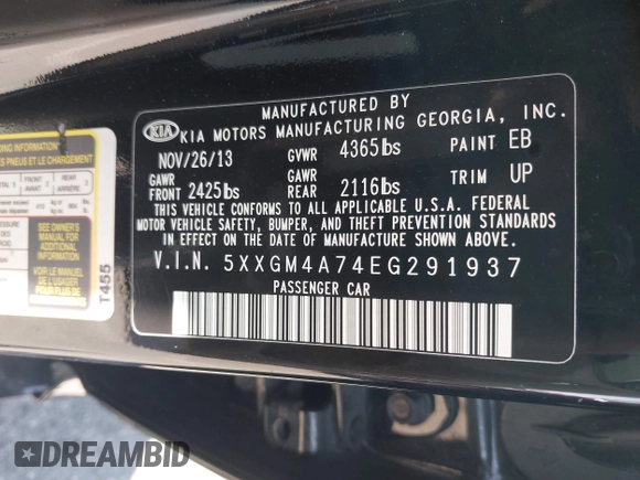 2014 Kia Optima LX with VIN 5XXGM4A74EG291937, listed as a IAAI auction lot 41984281 with 87,378 mi miles. Bid and sale history available at carsss.com. Image 9.