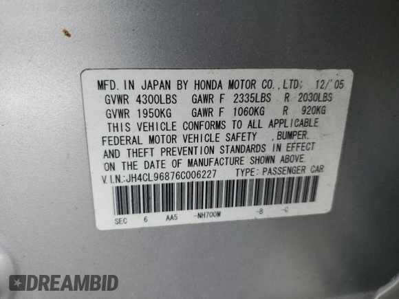 2006 Acura TSX with VIN JH4CL96876C006227, listed as a Copart auction lot 58019815 with Not provided miles and Salvage title. Bid and sale history available at DreamBid. Image 12.