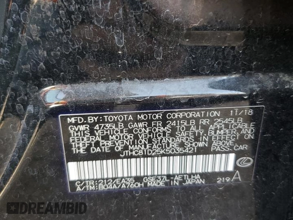 2019 Lexus IS 300 with VIN JTHC81D25K5035421, listed as a Copart auction lot 59076775 with 45,431 mi miles and Salvage title. Bid and sale history available at DreamBid. Image 13.