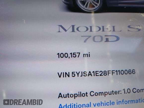 2015 Tesla Model S 85D with VIN 5YJSA1E28FF110066, listed as a IAAI auction lot 40672973 with 100,157 mi miles. Bid and sale history available at carsss.com. Image 16.